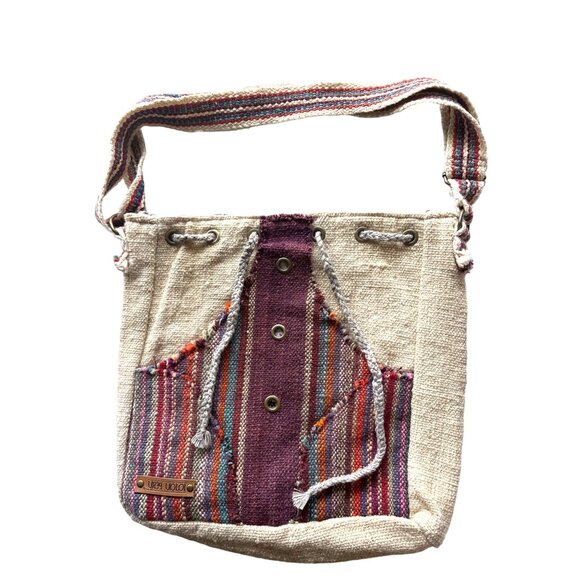 Iqiqu Handbags - IQIQU Peru Alpaca Bag Beige Stripes Hobo Bucket Bag Adjustable Straps Purple